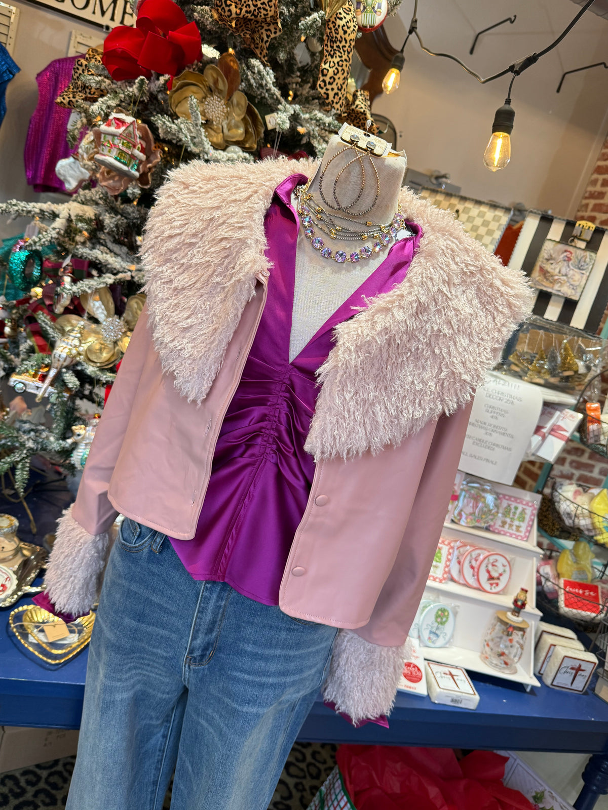 Rose Pink Cropped Fur Collared Jacket