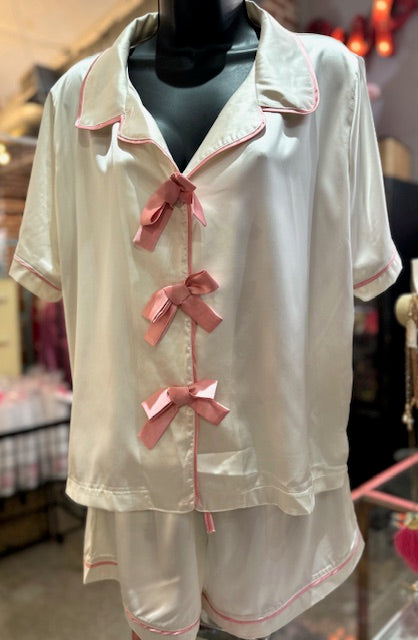 Satin Bow Pajama Set- White