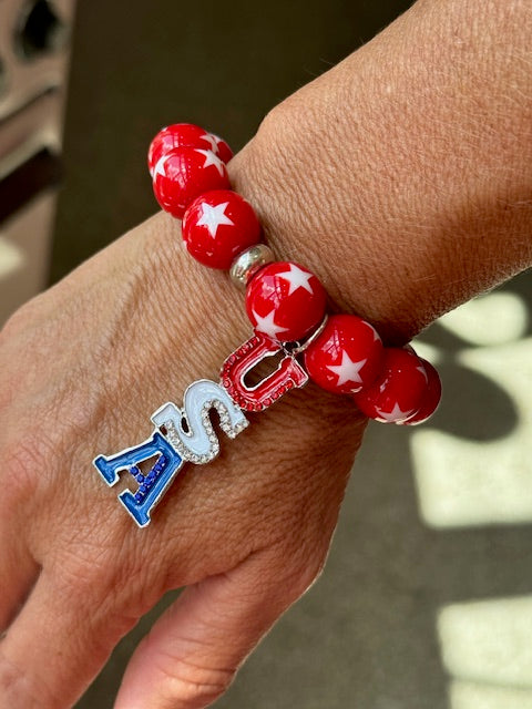 Red Star Bead Bracelet with USA Charm