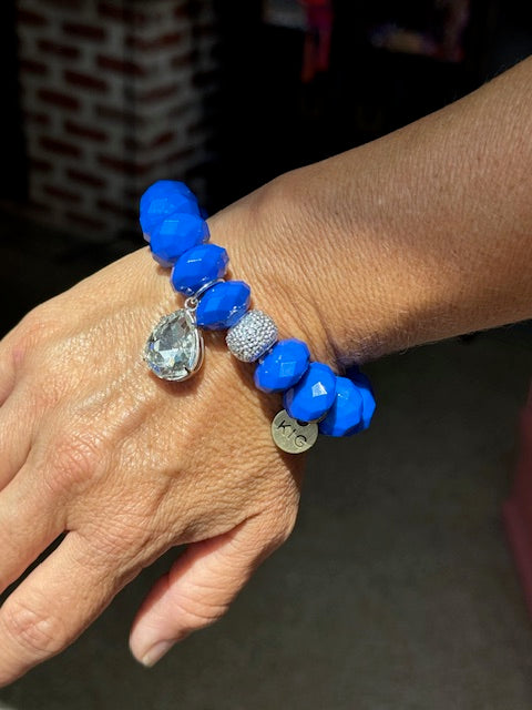 Blue Bead Bracelet with Clear Jewel