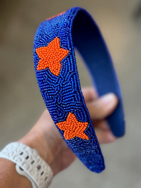 Beaded Blue Headband with Orange Stars