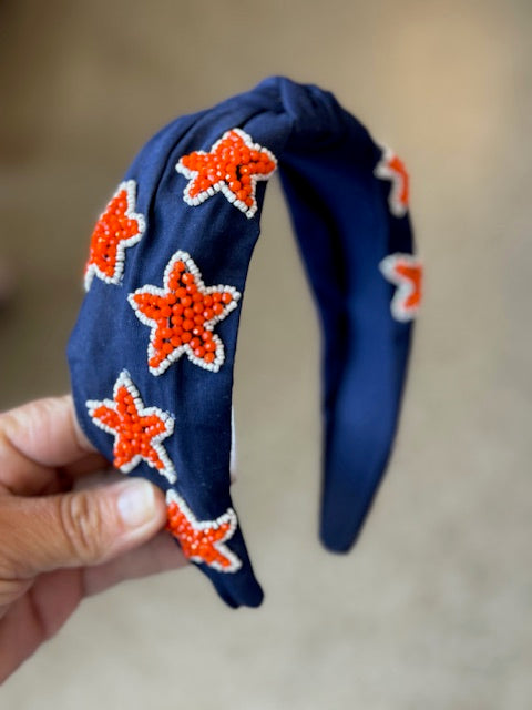 Navy Beaded Headband with Orange Stars