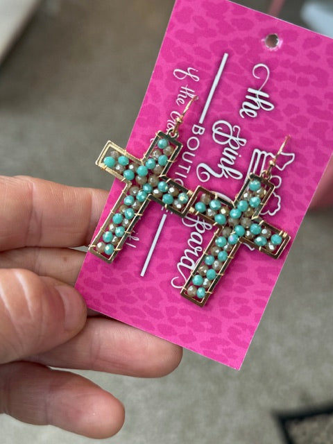 Cross Teal Beaded Earrings