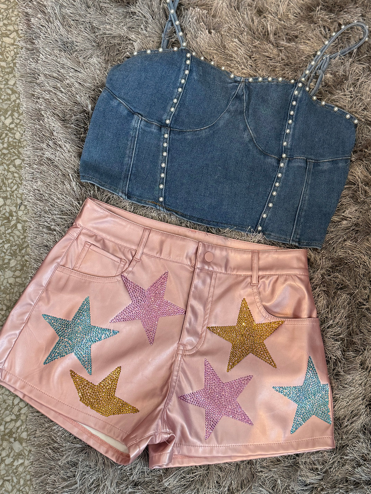 Denim Pearl Studded Crop